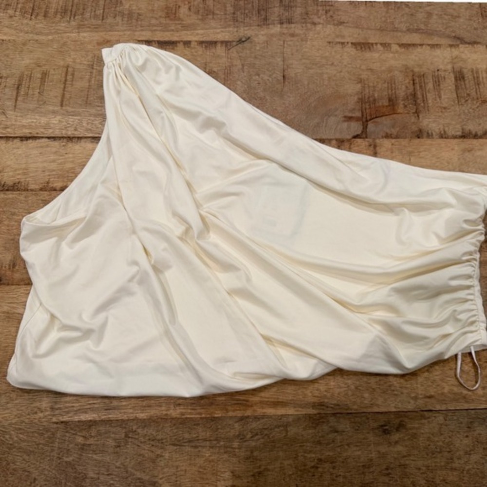 Ivory One Shoulder Draped Ruched Asymmetrical Top Cream Sleeveless Blouse